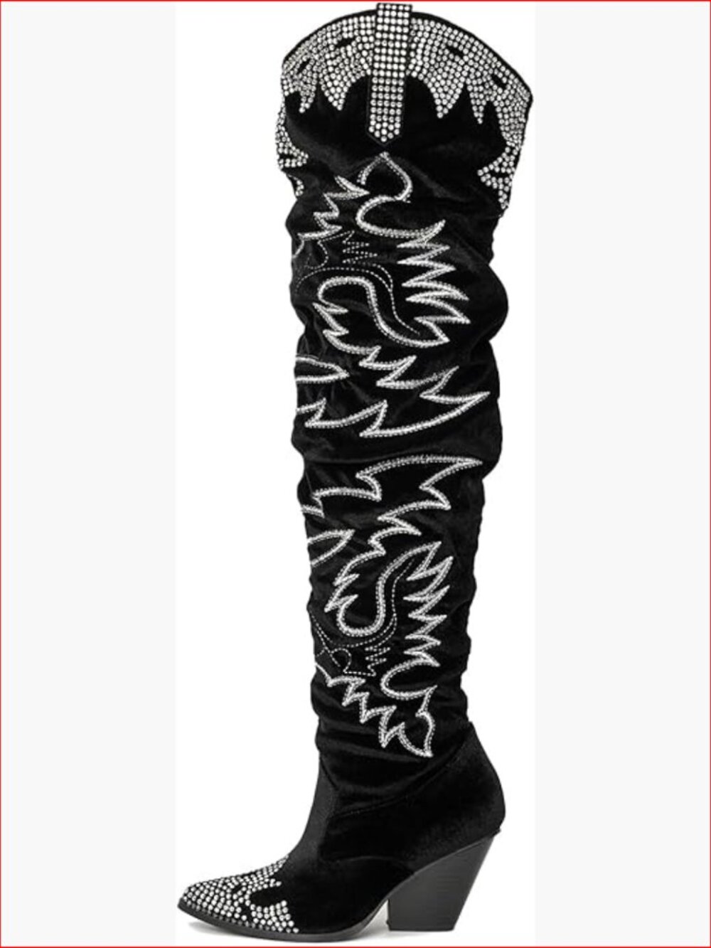 Rhinestone Embroidered Cowboy Boots Thigh High Slouchy Wide Calf Pull On